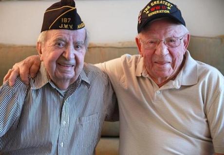 D-day veterans Bernard Glassman and David Rosenthal, now and during the war.
