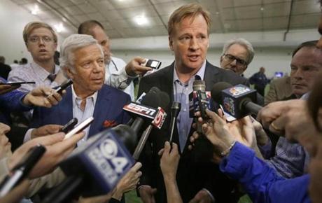 NFL Commissioner Roger Goodell (right) and Patriots owner Robert Kraft (left) addressed members of the media during a football safety clinic for mothers.
