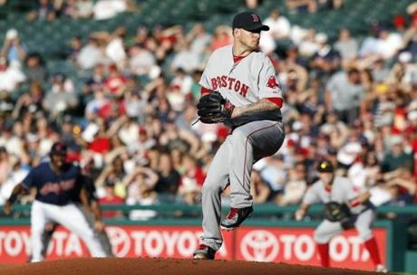 Jake Peavy pitched against the Cleveland Indians in the first inning.
