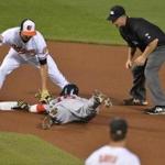 Dustin Pedroia was nabbed at second base in the fourth inning when he tried to stretch a base hit into a double.