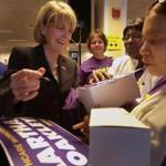 Martha Coakley met supporters at a  union rally. 