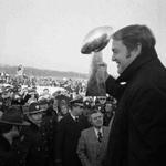 Steelers coach Chuck Noll held the Lombardi trophy aloft before fans who greeted the team at the airport. Noll is the only couch to have won four Super Bowls. He died Friday night at the age of 82.