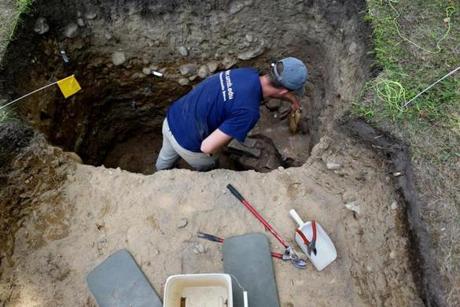UMass graduate student Justin Warrenfeltz worked at an archeological dig at Burial Hill in Plymouth.
