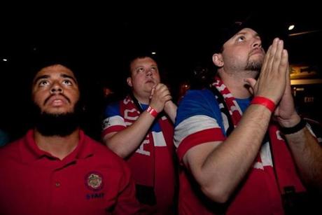 From left: Artie Melville of Milton, Adam Cyr of Somerville, and Eric Spence of Framingham were on edge while watching Sunday?s US vs. Portugal match at a watch party at the House of Blues.
