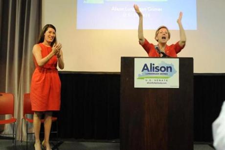Senator Elizabeth Warren backed Senate hopeful Alison Grimes, a Kentucky Democrat. 
