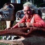 Bernard Langlais in 1976 with his wooden sculptures in Cushing, Maine.