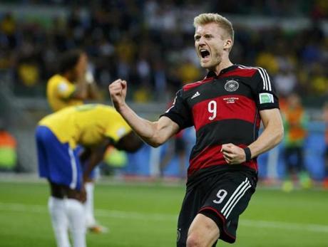 Germany?s Andre Schuerrle celebrates scoring his team?s sixth goal against Brazil.
