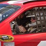 Joe Kahn inside the NASCAR race car and (below) getting into his race gear.