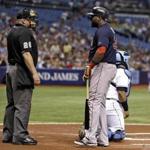 David Ortiz argues with plate umpire Bill Miller in the first inning Friday night. He struck out in the at-bat. (AP Photo/Chris O'Meara) 