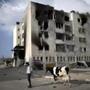 A Palestinian man led a cow past destroyed buildings in Beit Lahia in the northern Gaza Strip on Sunday.