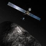 An artist's impression shows the Rosetta orbiter deploying the Philae lander to the Churyumov-Gerasimenko comet.