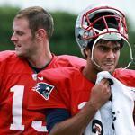 The backup quarterback battle between Ryan Mallett (left) and Jimmy Garoppolo will be an intriguing battle to watch Friday against the Eagles. (Globe Staff Photo/Jim Davis)