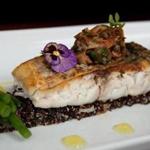 Boston, MA - 08/15/14: Local Striped Bass is served at Parla restaurant in Boston, Massachusetts. The dish consists of local striped bass on a bed of black quinoa salad, artichoke heart relish, citrus 