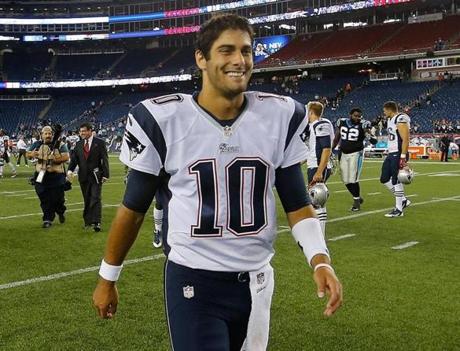 Patriots fans know a lot more about second-round draft pick Jimmy Garoppolo now than they did when they watched him get selected on ESPN a few months ago. (Photo by Jim Rogash/Getty Images)
