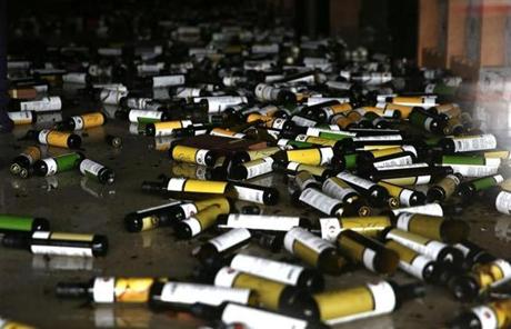 Bottles of olive oil and vinegar fell in Napa.
