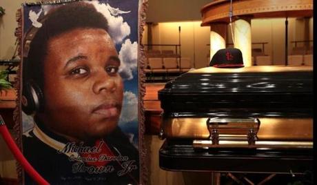 Michael Brown?s casket at the Friendly Temple Missionary Baptist Church in St Louis.

