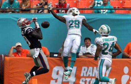 Dolphins cornerback Will Davis broke up a long pass intended for Patriots wide receiver Brandon LaFell late in the game.
