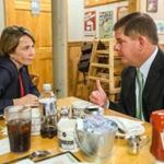 Maura Healey, Democratic candidate for attorney general, and Boston Mayor Marty Walsh had breakfast at McKenna?s Cafe in Dorchester.