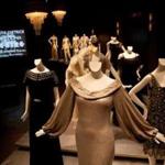Top: Some of  the gowns from the ?30s and ?40s in ?Hollywood Glamour? at the Museum of Fine Arts. Above: A gown worn by Greta Garbo and designed by Adrian, and a Trabert & Hoeffer necklace from Neil Lane?s collection.