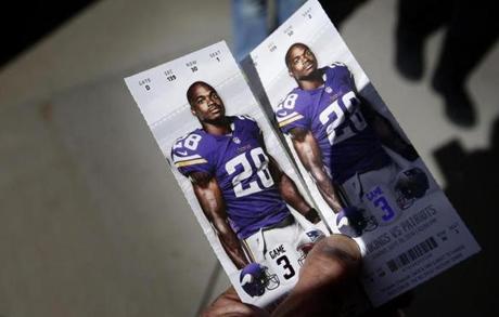 Tickets for Sunday?s Patriots-Vikings game had a picture of indicted All-Pro running back Adrian Peterson. Carlos Gonzalez/The Star Tribune/Associated Press
