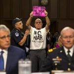 Tighe Berry, at the Senate hearing, protested President Obama?s push for a military response to the Islamic State.