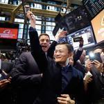 Jack Ma, founder of Alibaba, raised a ceremonial mallet before striking a bell during the company's IPO at the New York Stock Exchange on Friday.