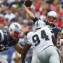 The Patriots offensive line was manhandled again Sunday, with QB Tom Brady often bearing the brunt of that. Jim Rogash/Getty Images
