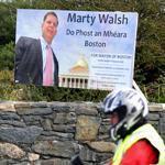  Mayor Martin J. Walsh?s visit to Ireland was heralded with signs such as this one displayed in the village of Rosmuc in County Galway in Ireland. Walsh?s father was born here.