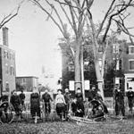 A Ladies North Shore Tricycle Tour stopped in Salem in October 1885. Mary Sargent Hopkins, tour leader, is fifth from the left.