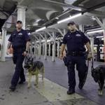A New York City police canine unit patrolled the subway in Times Square on Thursday. US intelligence officials expressed some skepticism about the possibility of the Islamic State plotting attacks here.