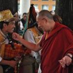 The Dalai Lama greeted musicians at the Tsuglagkhang Temple near Dharamsala, India. 