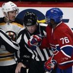  Bruin Brad Marchand (left) shares some not-so-friendly words with familiar foe P.K. Subban of the Canadiens.  Eric Bolte-USA TODAY Sports