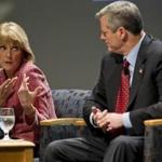 Gubernatorial candidates Martha Coakley and Charlie Baker during a forum hosted by El Mundo Boston, a Spanish language media outlet, and Northeastern University.