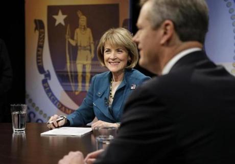Martha Coakley and Charlie Baker met in a debate in Boston a week before the election.
