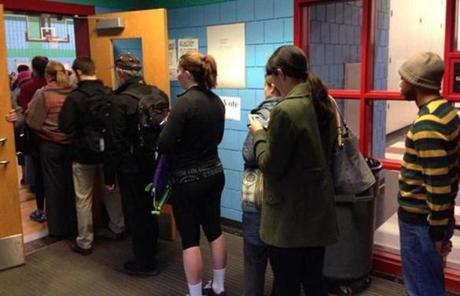 Voters lined up to cast their ballots at the John F. Kennedy Elementary School in Somerville.
