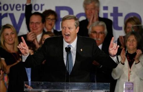 Charlie Baker addressed supporters in the early morning hours Wednesday.
