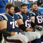 The Patriots offensive line (left to right: Sebastian Vollmer, Ryan Wendell, Bryan Stork, Dan Connolly and Nate Solder) have helped the team turn its season around. 