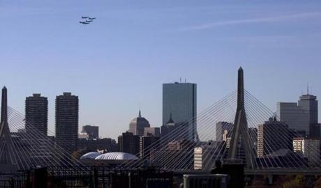 The 104th Fighter Wing of the Massachusetts Air National Guard flew over the Boston skyline this morning.
