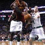 Nov 14, 2014; Boston, MA, USA; Cleveland Cavaliers forward LeBron James (23) shoots the ball against Boston Celtics center Kelly Olynyk (41) during the first half at TD Garden. Mandatory Credit: Mark L. Baer-USA TODAY Sports