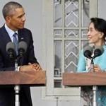 President Obama and Aung San Suu Kyi talked to reporters Friday about democracy?s rocky path in Myanmar. The conference was at Suu Kyi?s lakeside residence in Yangon.