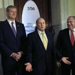 Stanley Rosenberg was flanked by Charlie Baker and House Speaker Robert DeLeo at a State House press conference.