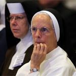 Sister Mary Angela Highfield of the Council of Major Superiors of Women Religious, center, and other nuns listened during a session at the annual spring meeting of the US Conference of Catholic Bishops in New Orleans in June.