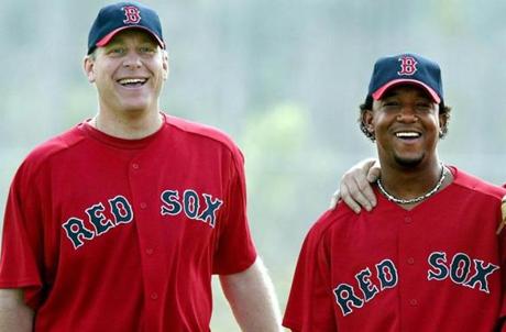 Two of the stars of the 2004 curse-breaking Red Sox team  ? Curt Schilling (left) and Pedro Martinez ? are on Dan Shaughnessy?s Hall of Fame ballot.
