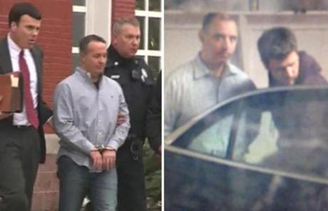 Founder and owner Barry Cadden (left) was led out of the Wrentham police station in handcuffs. Gregory A. Conigliaro (right) was also taken into custody.
