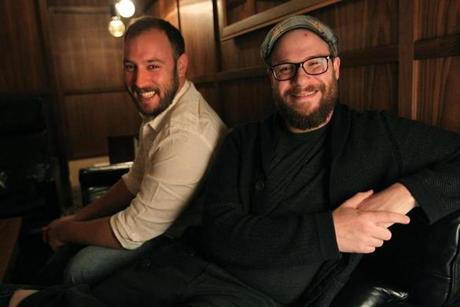 Evan Goldberg (left) and Seth Rogen, co-directors of ?The Interview,? during a visit to Boston.
