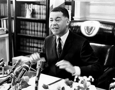 Edward Brooke at a press conference in 1966.  
