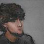 Dzhokhar Tsarnaev is shown in a courtroom sketch on the first day of jury selection at his trial.