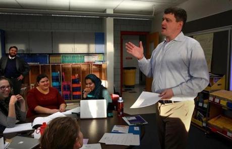 Former Boston mayoral candidate John R. Connolly at a meeting with teachers at Bentley Elementary School in Salem.
