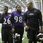 Terrell Suggs (right) will appear in his fourth  playoff game at Gillette Stadium, joined by first-timers Matt Elam (left) and Brandon Williams.