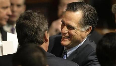 Mitt Romney (right) hugged N.J. Governor Chris Christie at Governor Charlie Baker?s inauguration on Thursday.
